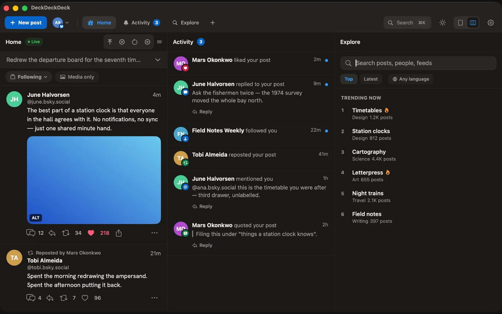 Deck³ on macOS with the Home, Activity and Explore columns side by side
