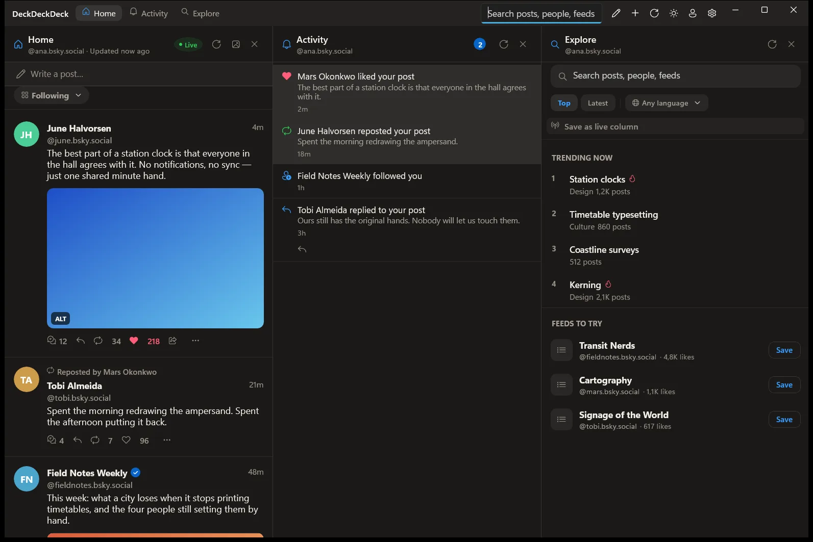 Deck³ on Windows with the Home, Activity and Explore columns side by side