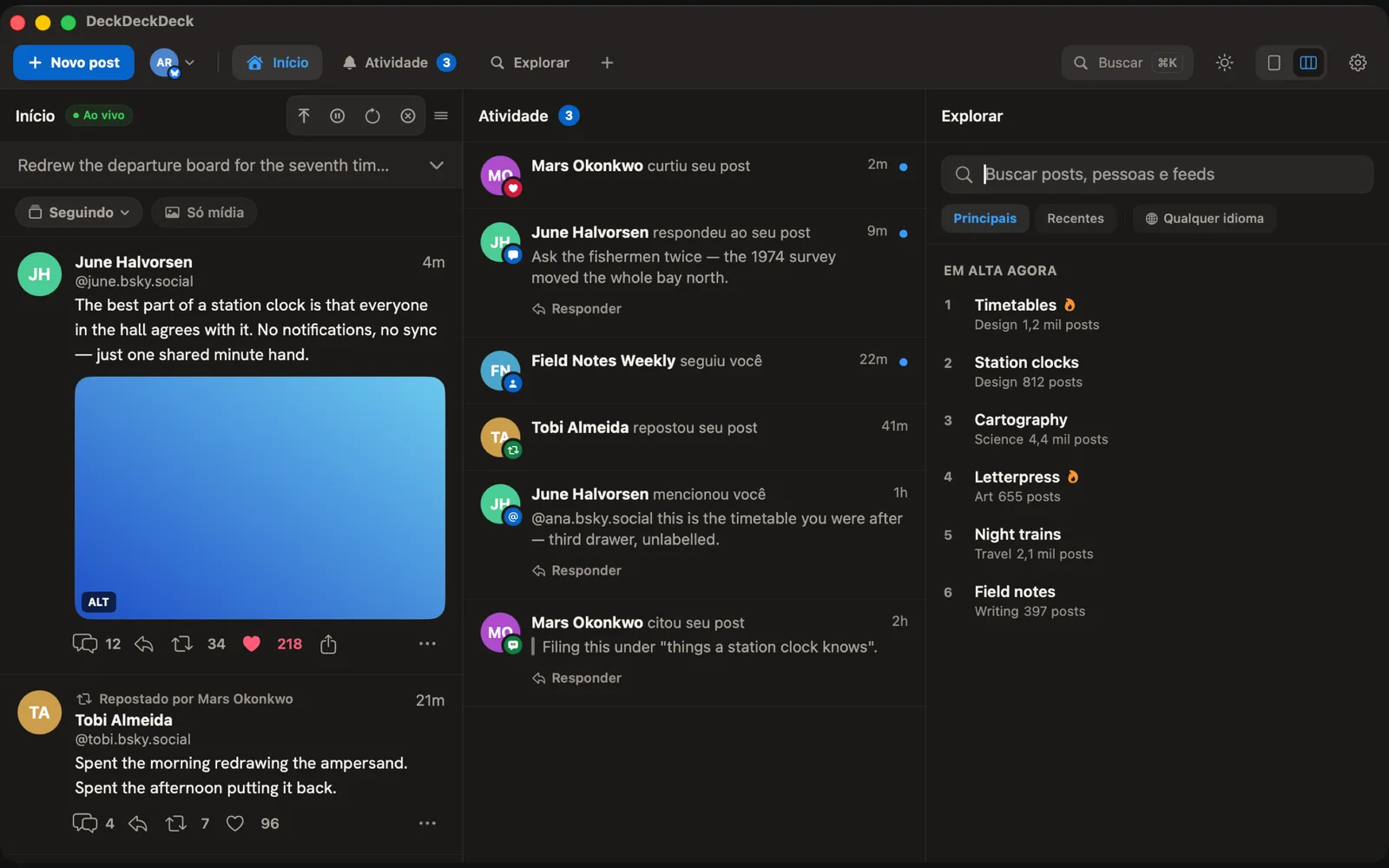 Deck³ no macOS com as colunas Início, Atividade e Explorar lado a lado