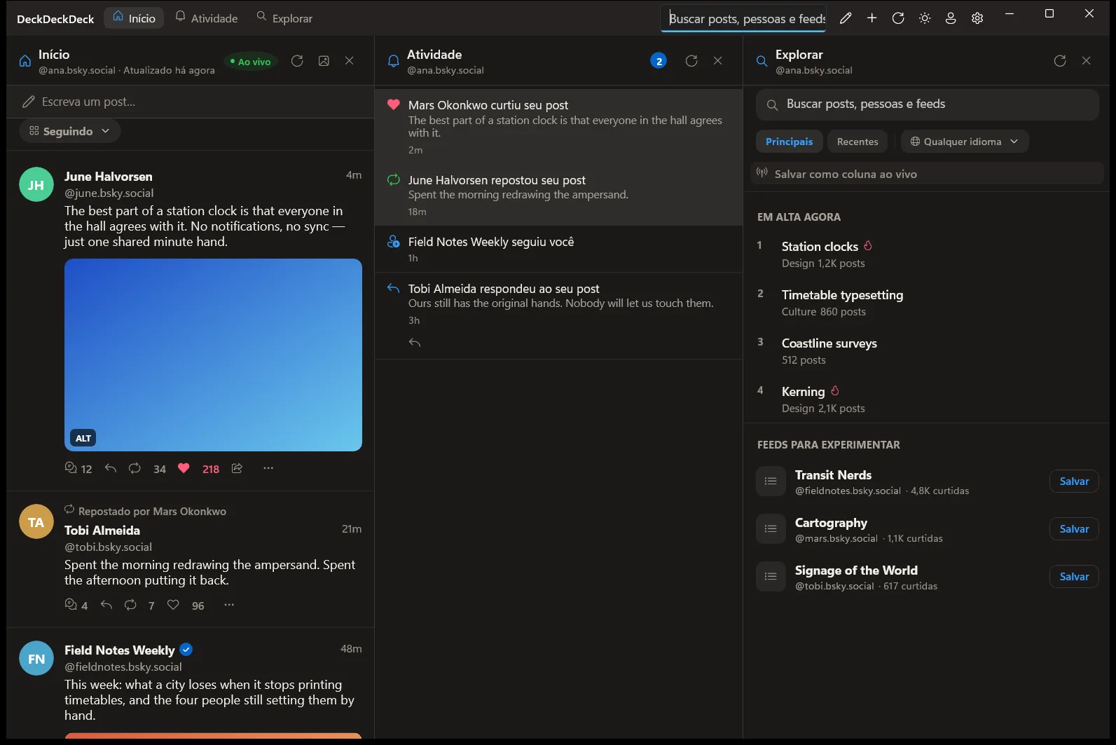 Deck³ no Windows com as colunas Início, Atividade e Explorar lado a lado