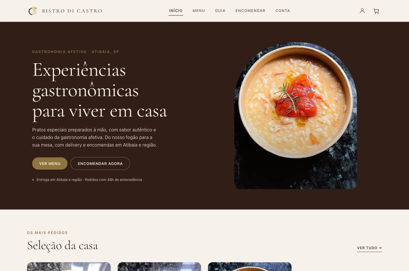 Página inicial do Bistro Di Castro mostrando gastronomia afetiva e risotto