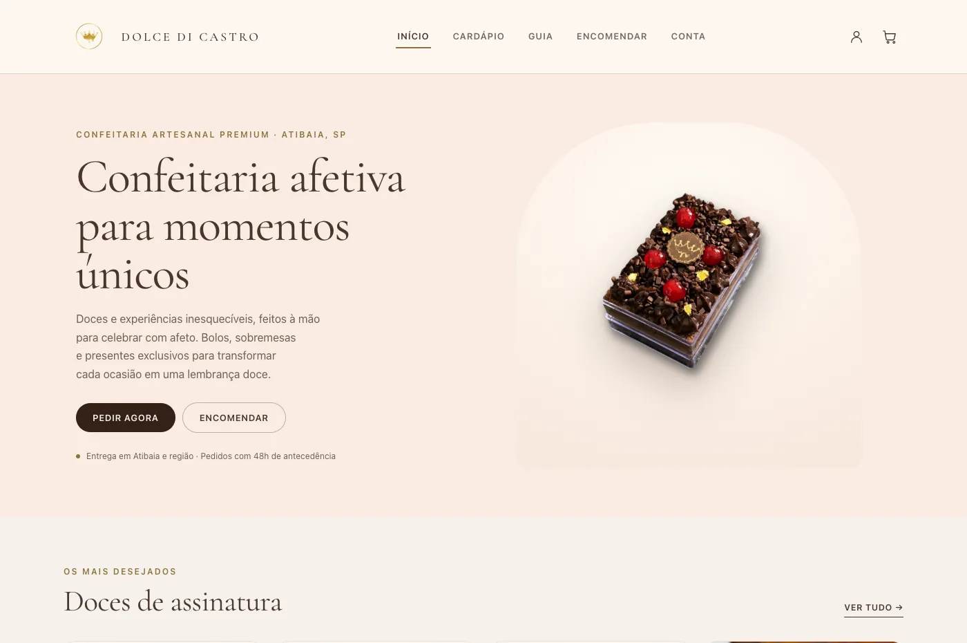 Página inicial do Dolce Di Castro mostrando confeitaria afetiva e bolo de chocolate