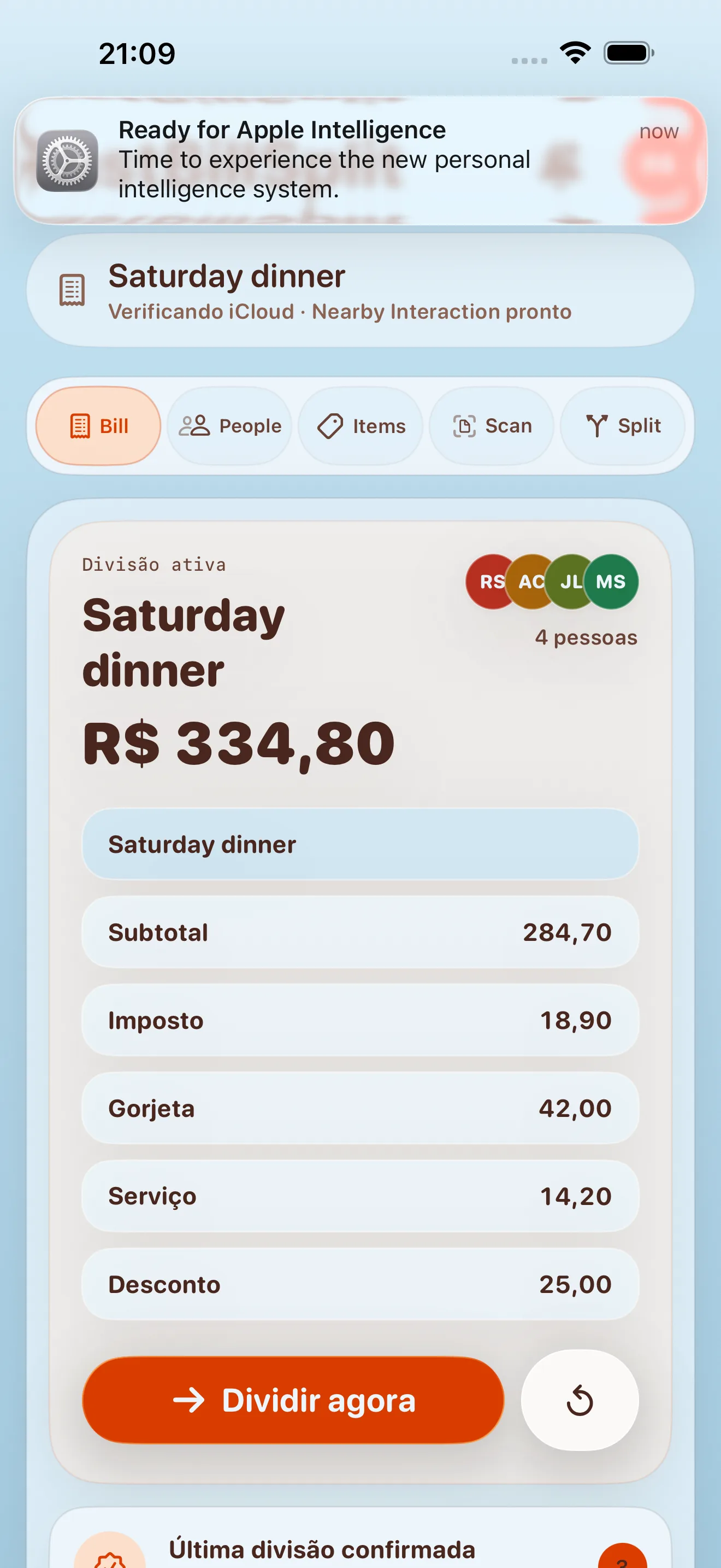 FastBillSplit lendo uma conta de restaurante com OCR
