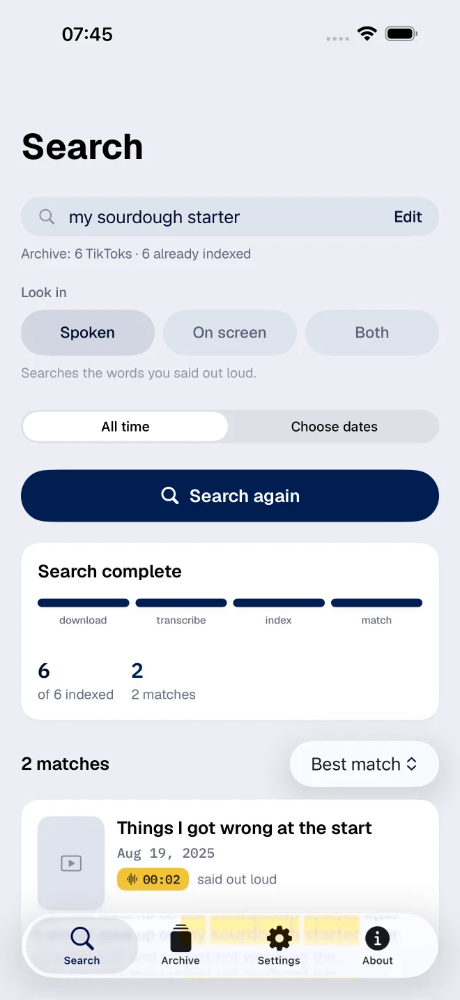 FindMyTok search results for spoken words