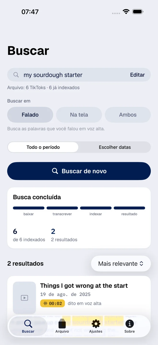 Busca no FindMyTok com resultados por palavras faladas