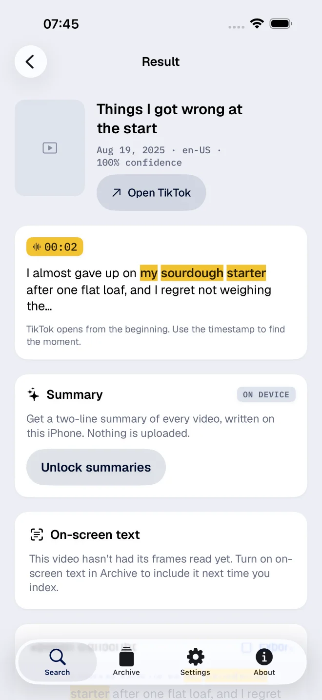 A transcript excerpt with its timestamp in FindMyTok
