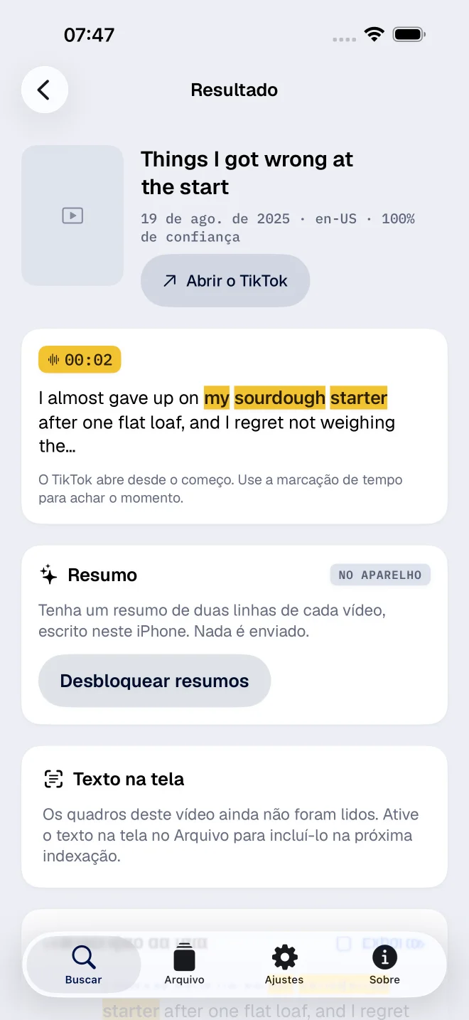 Trecho da transcrição com o segundo da fala no FindMyTok