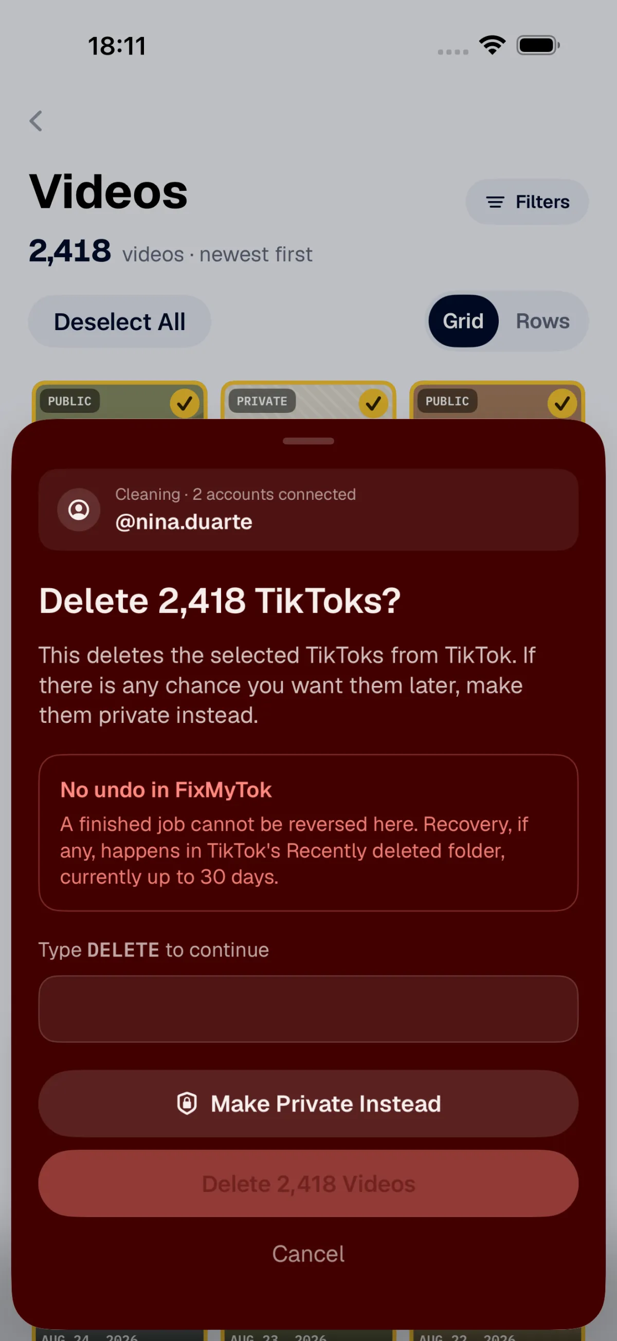 FixMyTok asking you to type DELETE before a bulk delete