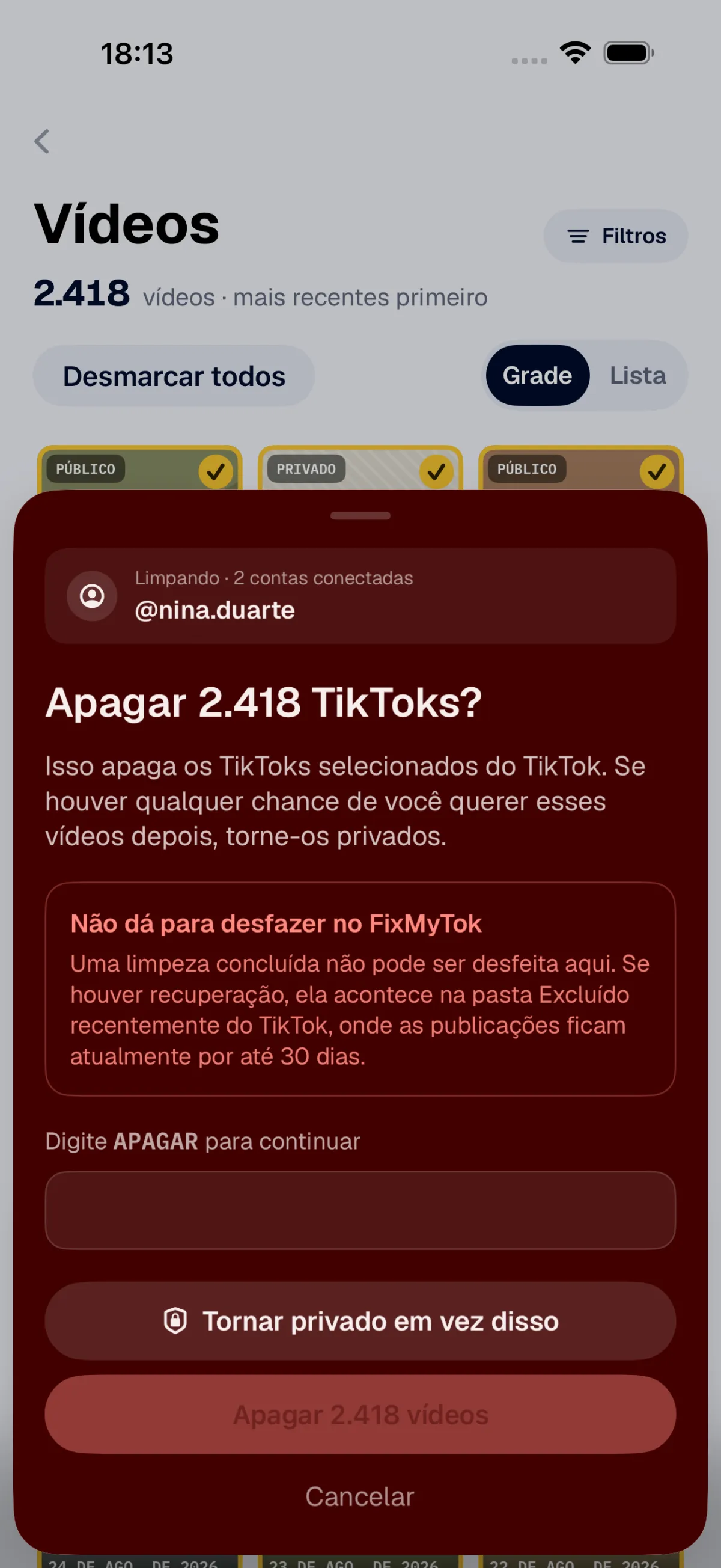 FixMyTok pedindo para digitar DELETE antes de apagar em lote
