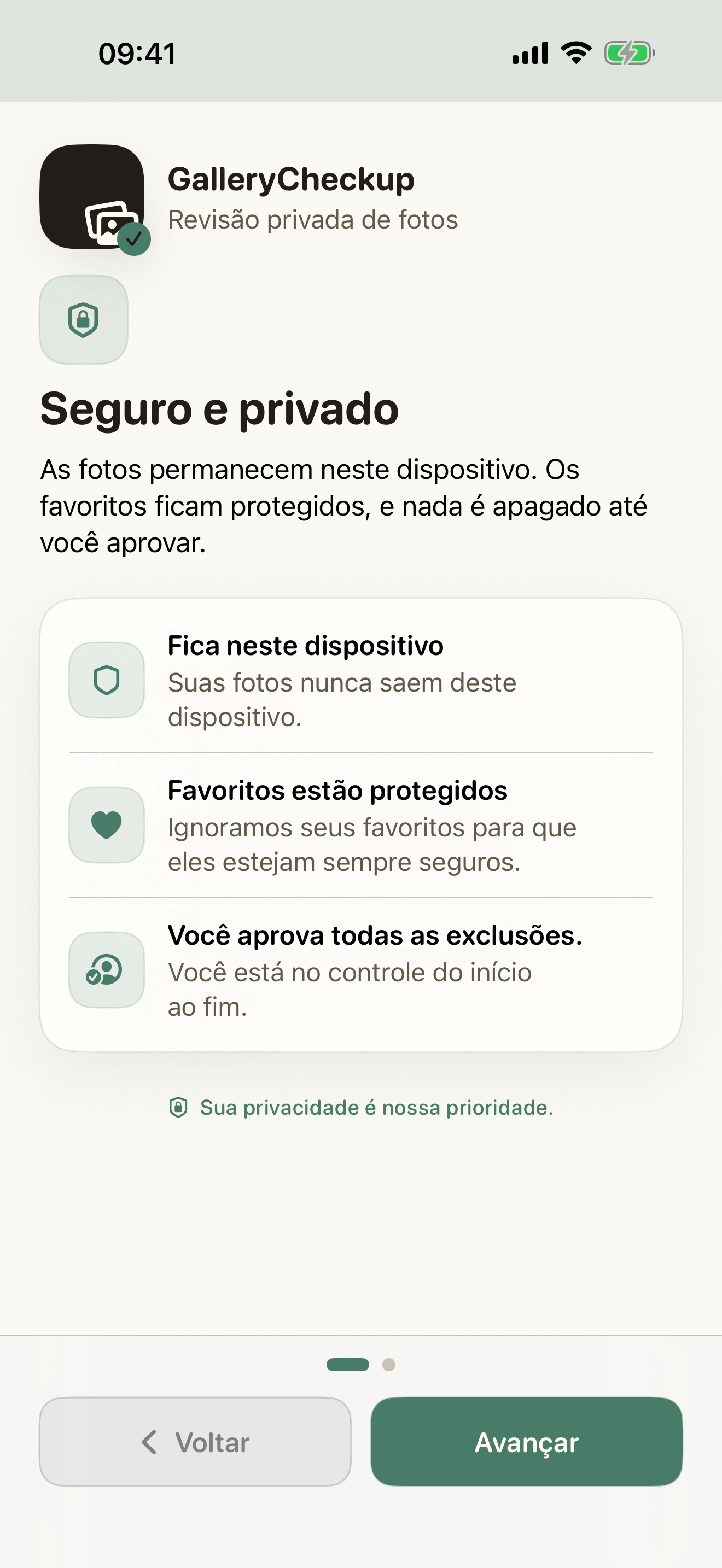 Tela inicial do GalleryCheckup explicando a limpeza guiada da galeria