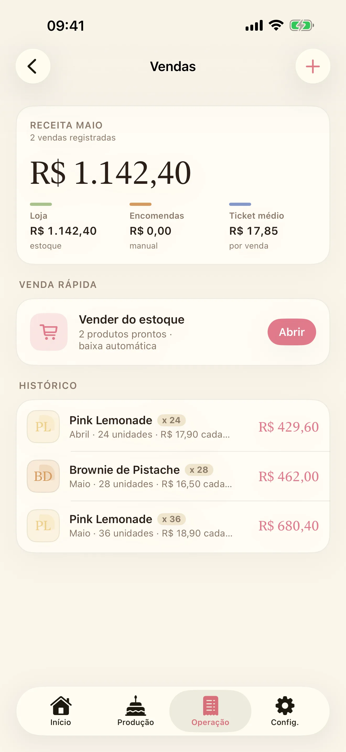 Receitório showing sales and inventory controls for a pastry business