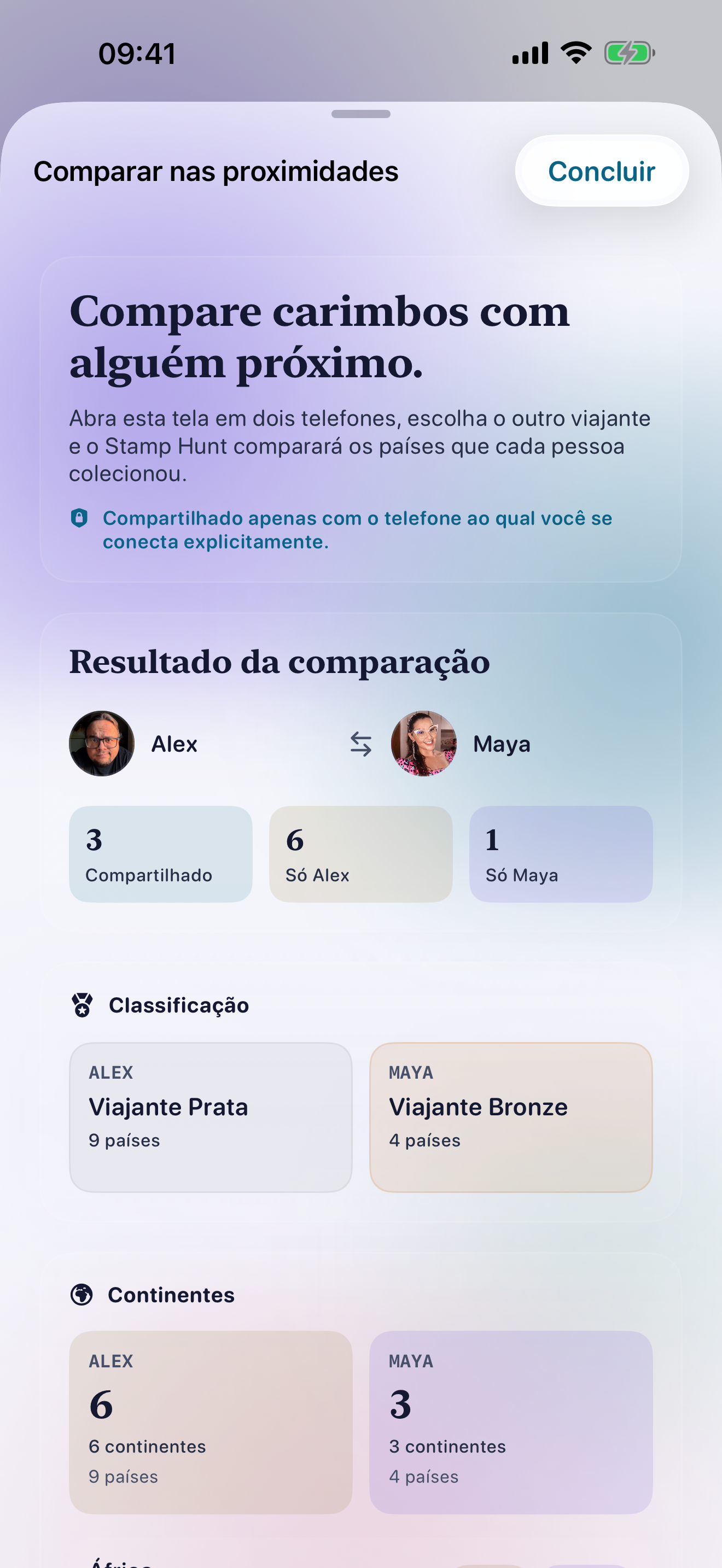 Tela do Stamp Hunt comparando coleções com usuários próximos