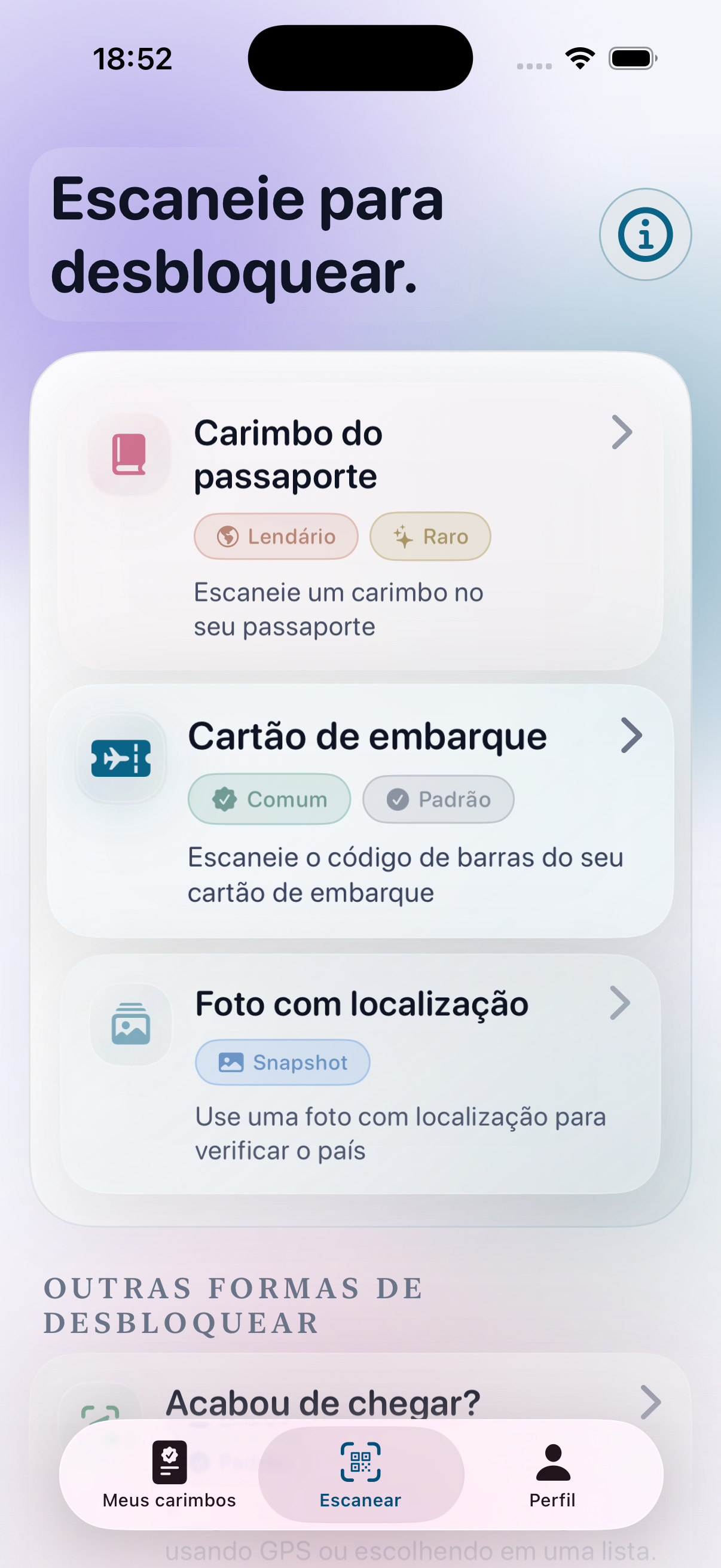 Tela do Stamp Hunt para escanear evidências de viagem e desbloquear carimbos