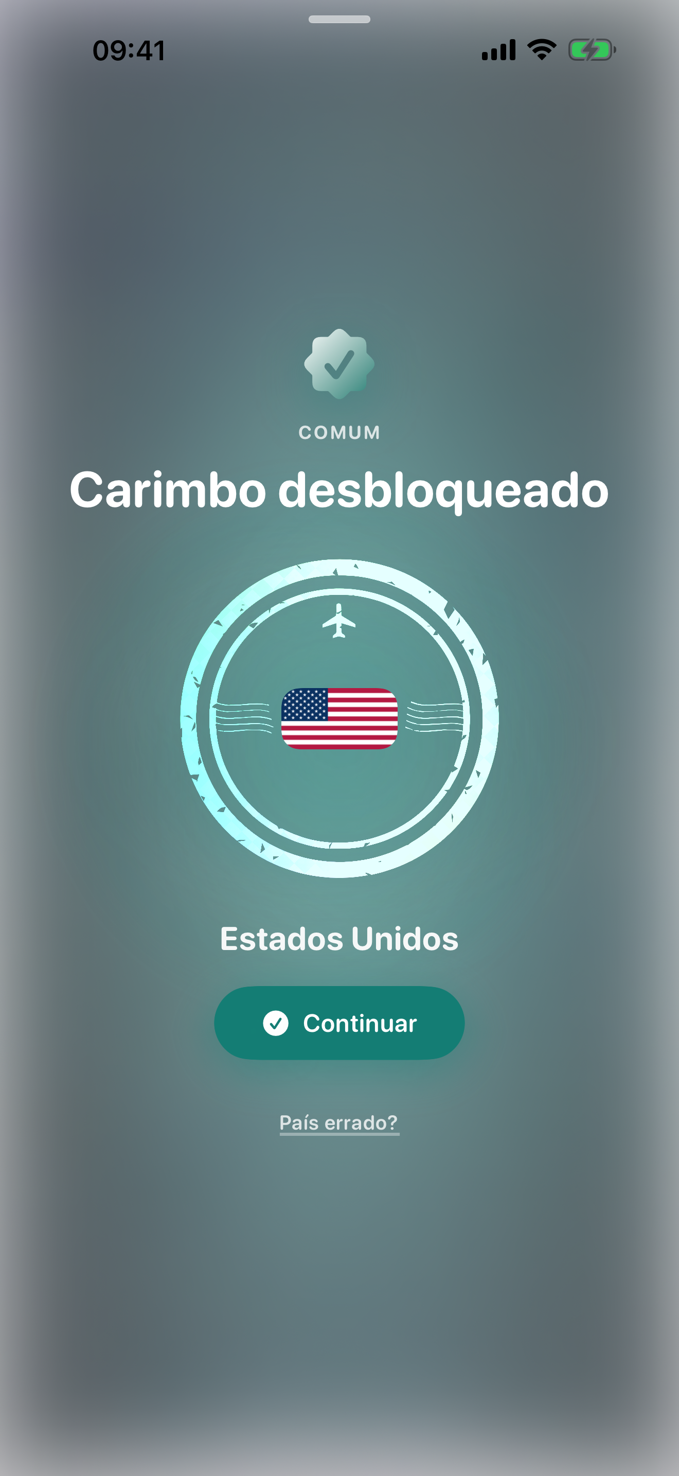 Tela do Stamp Hunt mostrando um carimbo comum sendo desbloqueado